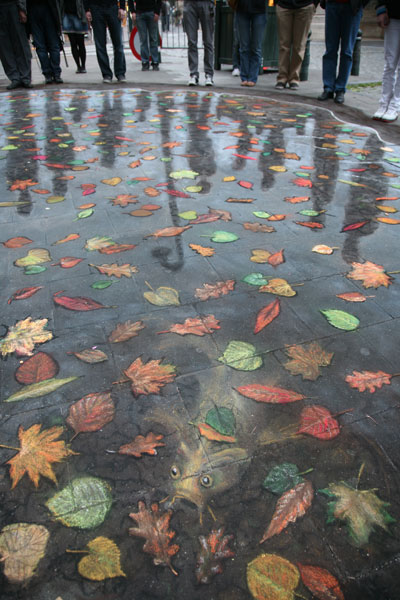 Street drawing of a pond with leaves floating