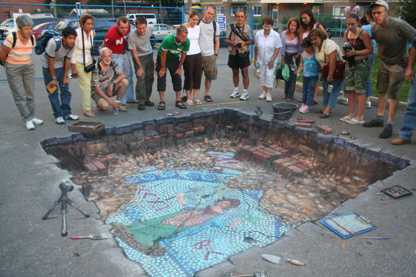 3D ckalk illusion of an archeological site with an underground mosaïc being discovered