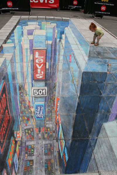 3D drawing of Time Square seen from a skyscraper with a real little girl on top looking down