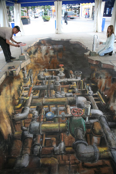 3D street drawing of underground pipes providing water to a fountain above ground