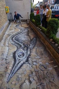Pavement drawing of the fossil of an ichtyosaur excavated at Rutland Water, also called the Rutland Sea Dragon.